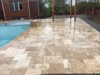 Travertine Swimming Pool Patio — Stone & Concrete Installation project by Harpeth Valley Hardscapes, LLC