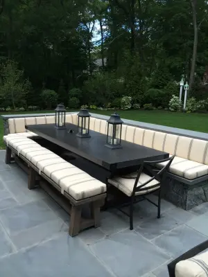 Wellesley, MA Bluestone Patio with Natural Stone Bench, Steps, and Walls — Stone & Concrete Installation project by Premier Pavers & Hardscape Co