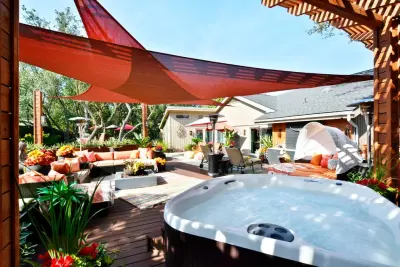 Vibrant Dream Decks Featuring Hot Tub and Entertainment Areas — Interior Design & Decorating project by Calming Spaces Interiors, Design & Remodeling