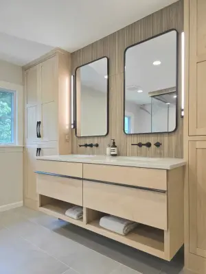 Japandi Style Main Bathroom Featuring Steam Shower and Soaking Tub — Architectural & Building Design Services project by Jess Works Architecture