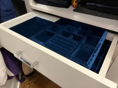 Bespoke stackable jewelry organizer inserts in royal blue velvet — Professional Home Organizers project by Beauty By Eden LLC
