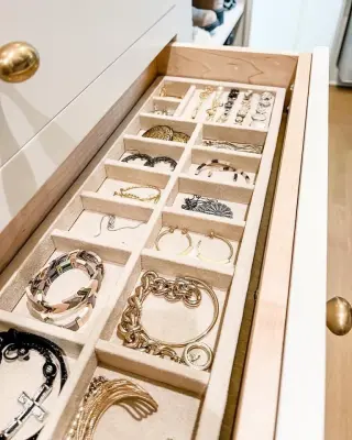 Elegant custom jewelry drawer organizers in chamois ultra suede — Professional Home Organizers project by Beauty By Eden LLC