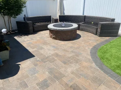 Paver Patio with Fire Pit — Landscape Construction project by Joseph Matthew Landscape Inc Design & Build in Wantagh