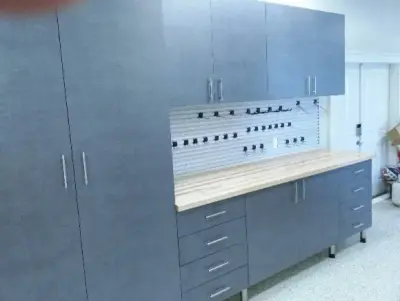Omni Track Workbench Garage Project with Pewter Cabinets — Professional Home Organizers project by The Tailored Closet And PremierGarage