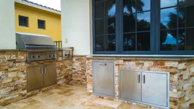 Outdoor Kitchen with Ledge Stone — Landscape Design project by Broward Landscape, Inc.
