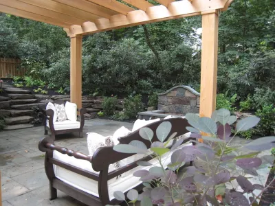 Glenside, Pa woodland pool, firepit, pergola, patio — Landscape Design project by EG Rall Jr Landscape Design & Horticultural Srvs