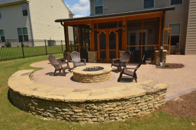 Screen Porch Fire Pit Patio by Outdoor Makeover & Living Spaces