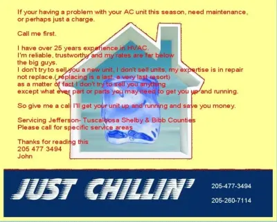 Just Chillin Air Conditioning Service-Repair - Heating & Cooling Services in Mccalla, AL