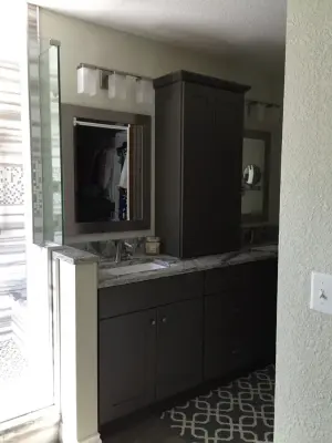 Contemporary Bathroom in Grey, White, Brushed Nickel, and Crystal — Kitchen Remodeling project by Gladieux Home Center