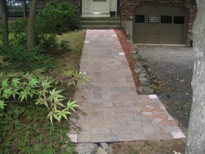 Entrance Walkway with 6" x 6" Kerr Lighting Paver Lights - Cheshire — Landscape Design project by TJB-INC Landscape & Drainage Contractor