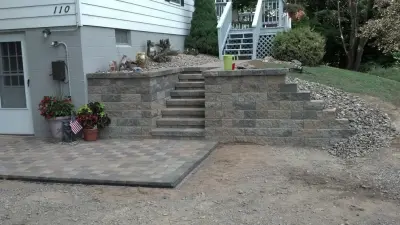 Outdoor Patio and Retaining Wall Installation with Steps and Lawn Restoration — Landscape Construction project by JRS Landscaping LLC
