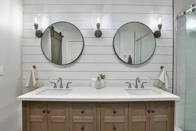 Morgan Hill Main Bathroom featuring Barn Door — Home Renovation & Remodeling Services project by D.R. Domenichini Construction