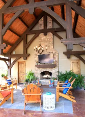 Alabama Pool Pavilion with Fireplace and Heavy Timber Structure — Design-Build Services project by Homestead Timber Frames