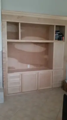 Becky's entertainment center prior to painting by Wood Wise Carpentry LLC