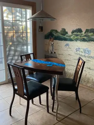 Blue Resin River Table with Walnut Triangle Design — Carpentry & Woodworking project by The Ole Wood Shack