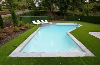Contemporary Pool with Synthetic Grass and Boxwood — Landscape Design project by The Easy Gardener