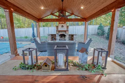 Patio with Covered Area and Outdoor Fireplace in Arlington, TN — Landscape Design project by Covenant Pool And Landscape