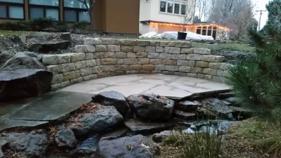 Creekside Natural Sandstone patio and retaining wall — Landscape Construction project by Think Green, Inc.