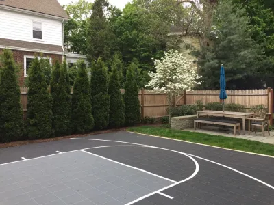 Newton Backyard Sports Court & Patio — Landscape Design project by Elizabeth Gourley Design in Newton