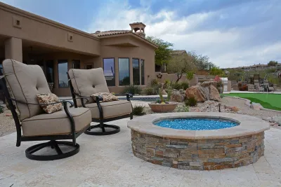 Marbella Travertine Patio, Pool Decking, Outdoor Kitchen, Raised Evening Terrace — Landscape Design project by Falcon Landscapes Pavers & Masonry LLC