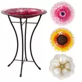 Panacea 3pc 14" Assorted Glass Bird Bath with Stand - Pink Mum, Sunflower & White Magnolia