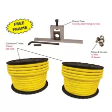 Dramm 5/8 inch Custom Hose Starter Kit Includes 2 Spools 5/8 In x 330Ft Color Storm Yellow Hose, 1 DP Frame Only, 1 DPJ625 5/8 Jaws, 12 Ea Male Fittings, 12 Ea Female Fittings