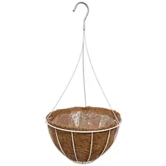GROWER SELECT 12" HANGING BASKET WHITE WIRE HANGER FLAT BOTTOM COCO LINER; TOP DIA 12IN X 6IN H 1.58 GAL /6L LIQUID VOLUME CAPACITY