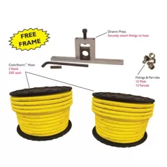 Dramm 5/8 inch Custom Hose Starter Kit Includes 2 Spools 5/8 In x 330Ft Color Storm Yellow Hose, 1 DP Frame Only, 1 DPJ625 5/8 Jaws, 12 Ea Male Fittings, 12 Ea Female Fittings