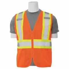 Safety Vest, Large Polyester Hi-Viz Orange S383P Series Multi-Pocket with Contrasting Tape Type R Class 2
