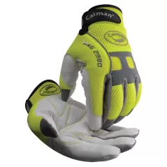 Goatskin Leather Hi-Vis Lime Green/White Hook and Loop Neoprene Cuff Padded Mechanics Gloves | YLS2980