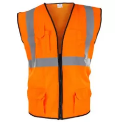 High Visibility Surveyors Safety Vest, X-Large Polyester Hi-Viz Orange Zipper 2 Pocket Reflective | 692-2210