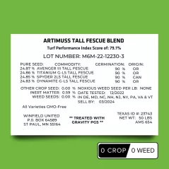Gt Tf Artimuss High Perf Crt Pgs Mvs 50L 50Lb BG Pgs Tr Eated. Blend Of Top 4 Tall Varieties On Latest NtEP Trials. Blue Tag Certified. Dis Ease, Drought, Traffic Tolerant With High Quality Scores 50 Lb | 112230
