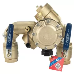 Febco LF825YA-QT-FS Reduced Pressure Zone Assembly Backflow Preventer N-Pattern Angle Union Connections Quarter Turn Shutoff w/ Flood Sensor Lead Free Bronze 1" | F683012