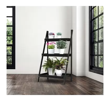Panacea Folding Narrow Step Ladder 3 Tier Plant Stand with Metal Trays Matte Black