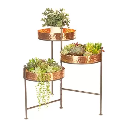 Panacea Contemporary Hammered Trays 3-tier Folding Plant Stand Copper Finish