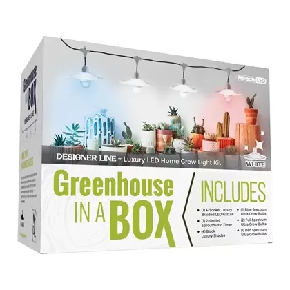 Miracle LED Designer Line Grow Kit 4 Socket Fixture w/Braided Cord, White Shade & Timer- Red, Blue, Full Spectrum Bulbs