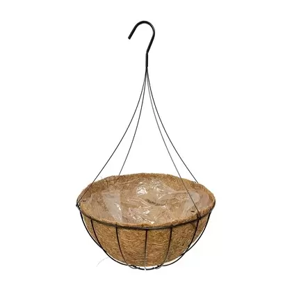 Grower Select 16" Hanging Basket Black 20" 4 Strand Wire Hanger Flat Bottom Coco Liner ; 25/Cs 16in X 8in 3.43 GAL / 13 liters Liquid Volume Capacity