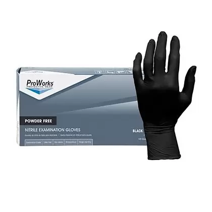 ProWorks Disposable Nitrile Exam Grade Gloves, Powder Free, Black, 4 mil, Medium, 100ct Box, 10/CS