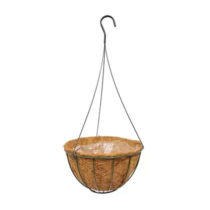 GROWER SELECT 12" HANGING BASKET HUNTER GREEN WIRE HANGER FLAT BOTTOM COCO LINER; TOP DIA 12IN X 6IN H 1.58 GAL /6L LIQUID VOLUME CAPACITY