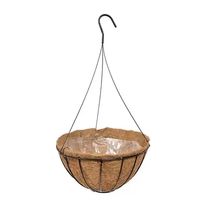 Grower Select 14" Hanging Basket Black 20" 3 Strand Wire Hanger Flat Bottom Coco Liner 25/ Cs 14in x 7in 2.37 Gal / 9 liters Liquid Volume Capacity