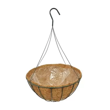 Grower Select 16" Hanging Basket Hunter Green 20" 4 Strand Wire Hanger Flat Bottom Coco Liner ; 16in X 8in 3.43 GAL / 13 liters Liquid Volume Capacity