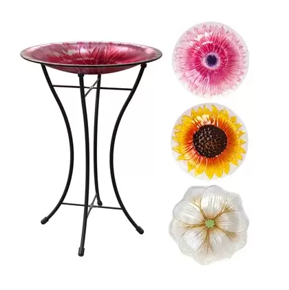 Panacea 3pc 14" Assorted Glass Bird Bath with Stand - Pink Mum, Sunflower & White Magnolia