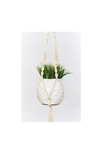Primitive 42" Beaded Cotton Woven Plant Hanger