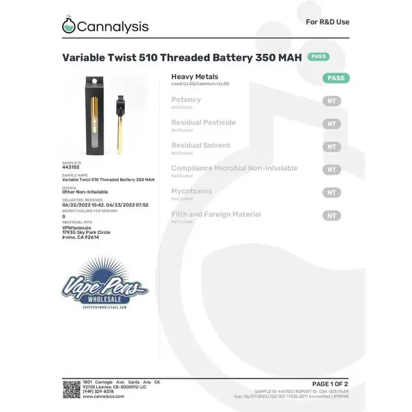 Gold 510 Thread Battery Variable Twist