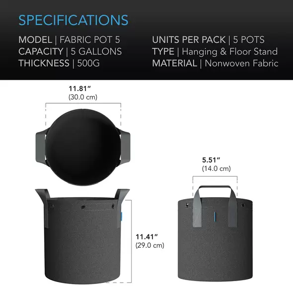 Heavy Duty Reusable Fabric Pots - 5 Gallon - 5-Pack
