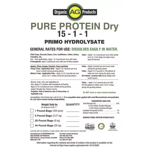 15-1-1 Case Pure Protein Dry Organic Fish Fertilizer Made From Cod Fish Hydrolysate (12 x 5lb Bags)
