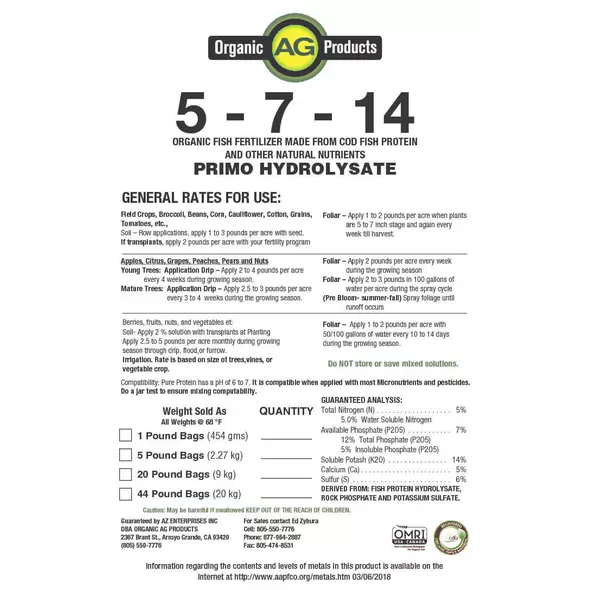 5-7-14 Organic Fish Fertilizer Made From Cod Fish Hydrolysate Case (5lb-12 Bags)