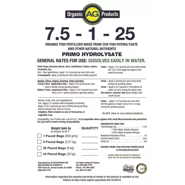 7.5-1-25 Organic Fish Fertilizer Made From Cod Fish Hydrolysate Case (5lb-12 Bags)
