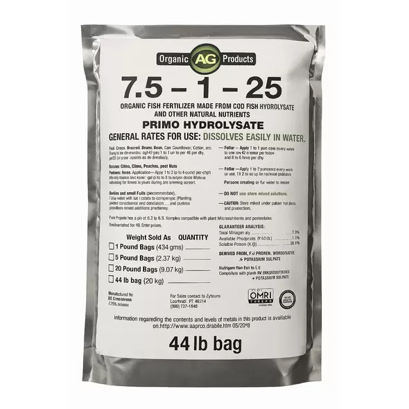 7.5-1-25 Organic Fish Fertilizer Made From Cod Fish Hydrolysate - 44lb Bag
