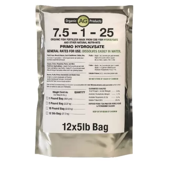 7.5-1-25 Organic Fish Fertilizer Made From Cod Fish Hydrolysate Case (5lb-12 Bags)